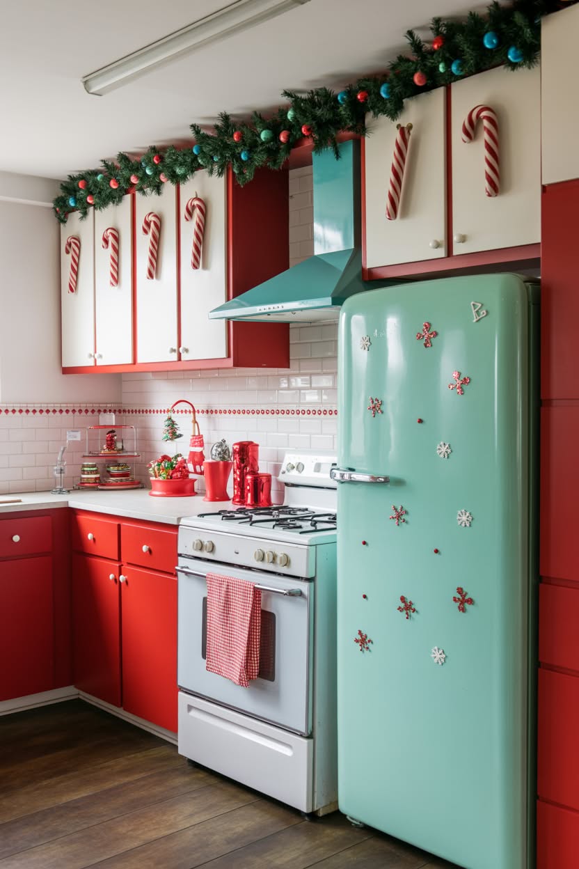 retro christmas kitchen with red cabinets turquoise refrigerator and oversized candy cane decorations