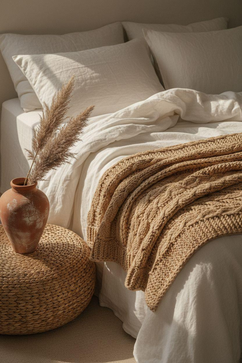 Neutral Bedroom Decor - layered bedroom vignette with textural elements