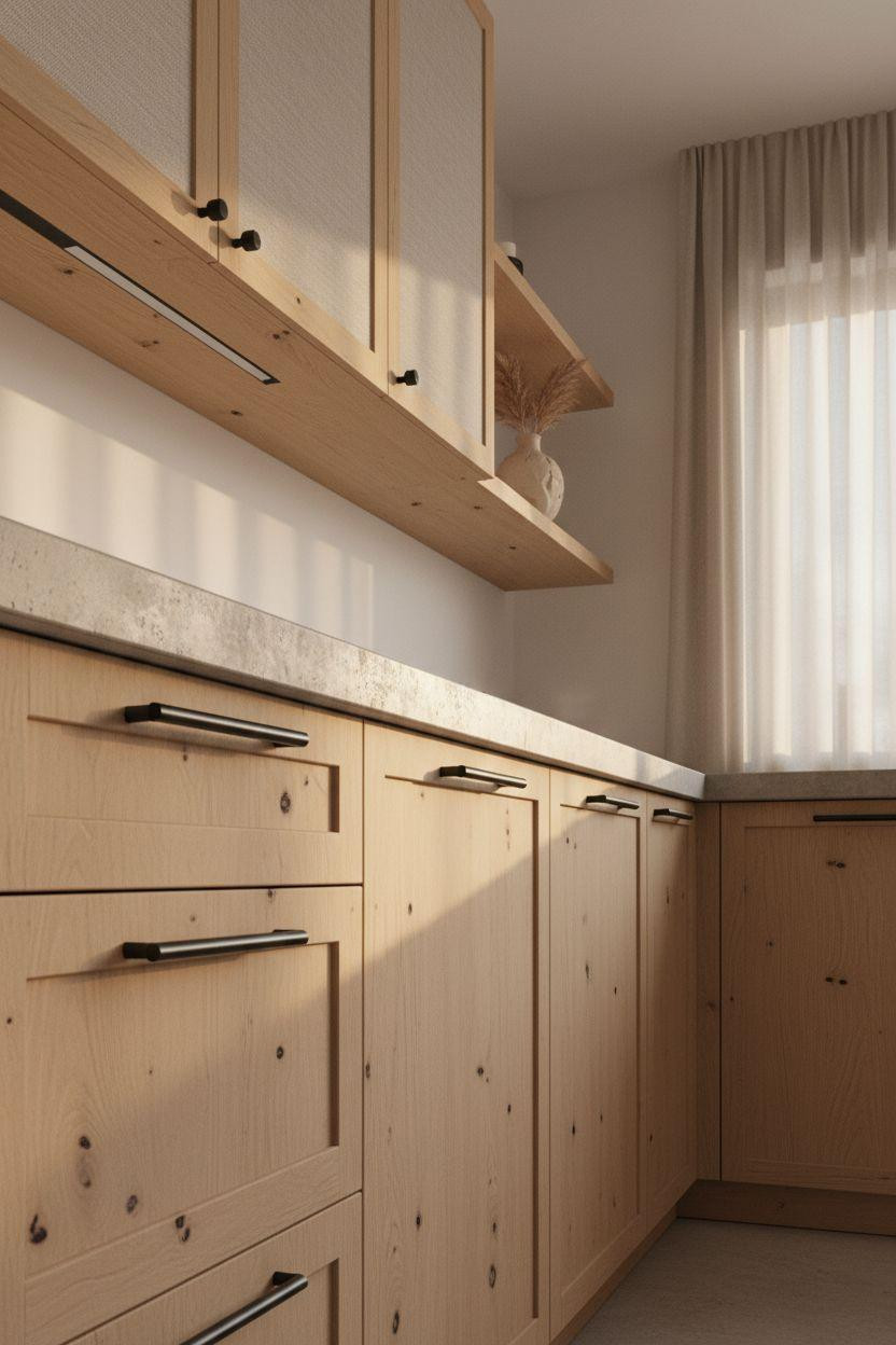 japandi kitchen design with light oak and concrete edge