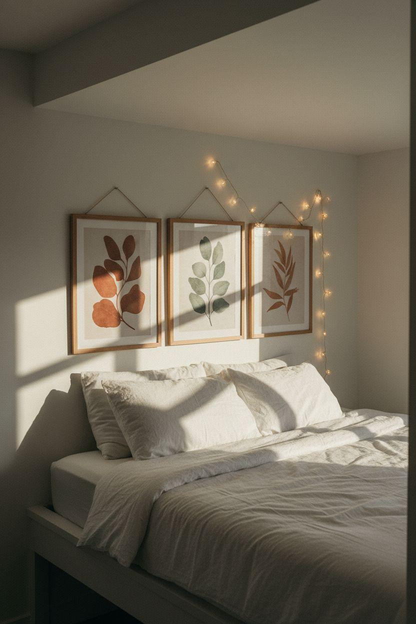 Loft Bed Decorating Ideas - loft bed alcove with botanical art gallery wall