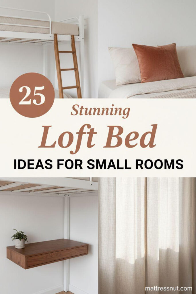 Pinterest collage showcasing white loft bed with oak ladder, terracotta pillow, walnut floating desk, and cream curtains in minimalist ivory, walnut, and soft terracotta palette for modern small room inspiration.