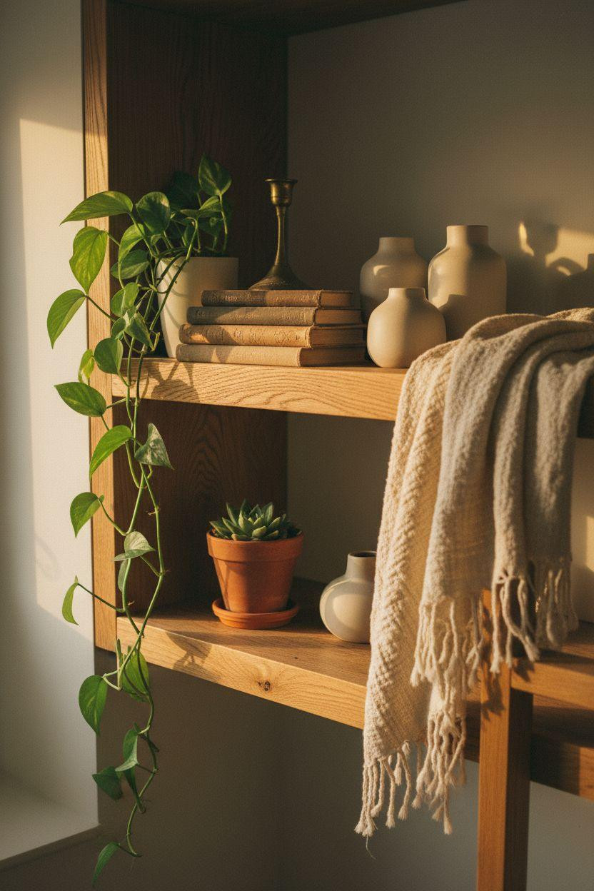 Loft Bed Decorating Ideas - styled floating shelf nook with plants and books
