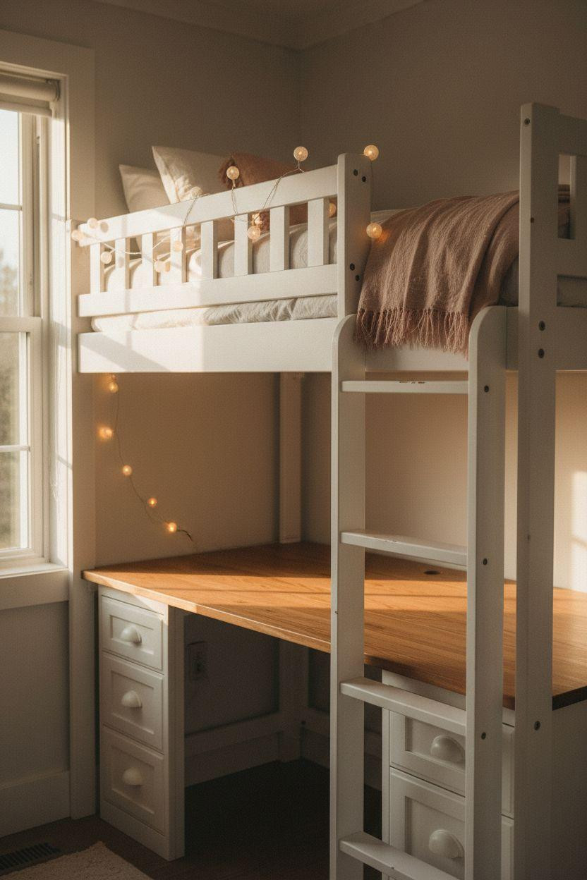 Loft Bed Decorating Ideas - white loft bed with blush pink accents and fairy lights