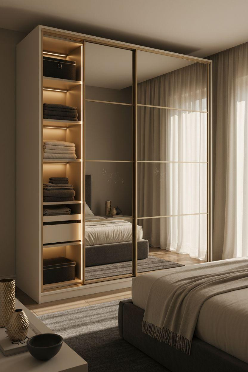 Sliding Wardrobe Design Bedroom Ideas - mirrored almari with gold frames