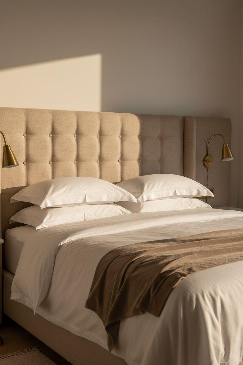 Boutique hotel bedroom Ideas - tufted linen headboard with brass sconces