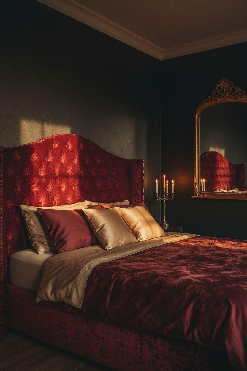 Dark feminine bedroom with burgundy velvet bed
