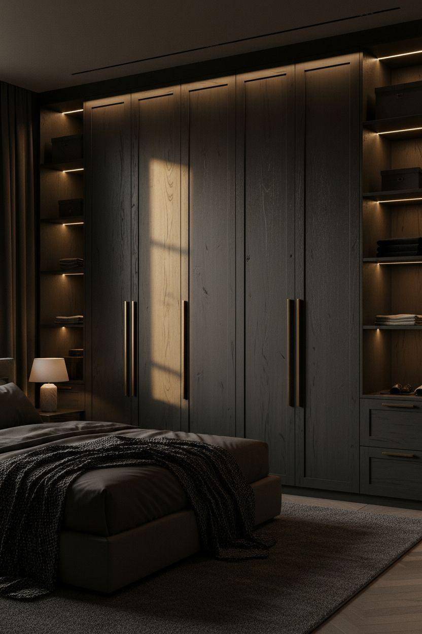 Sliding Wardrobe Design Bedroom Ideas - charcoal oak panels with brass hardware