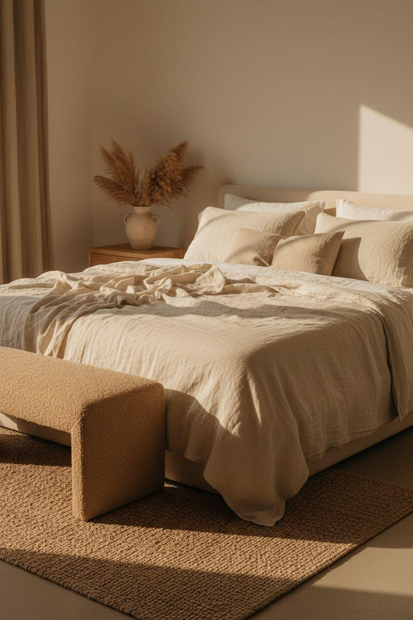 Neutral Bedroom Decor - cream bedroom with textured bouclé bench