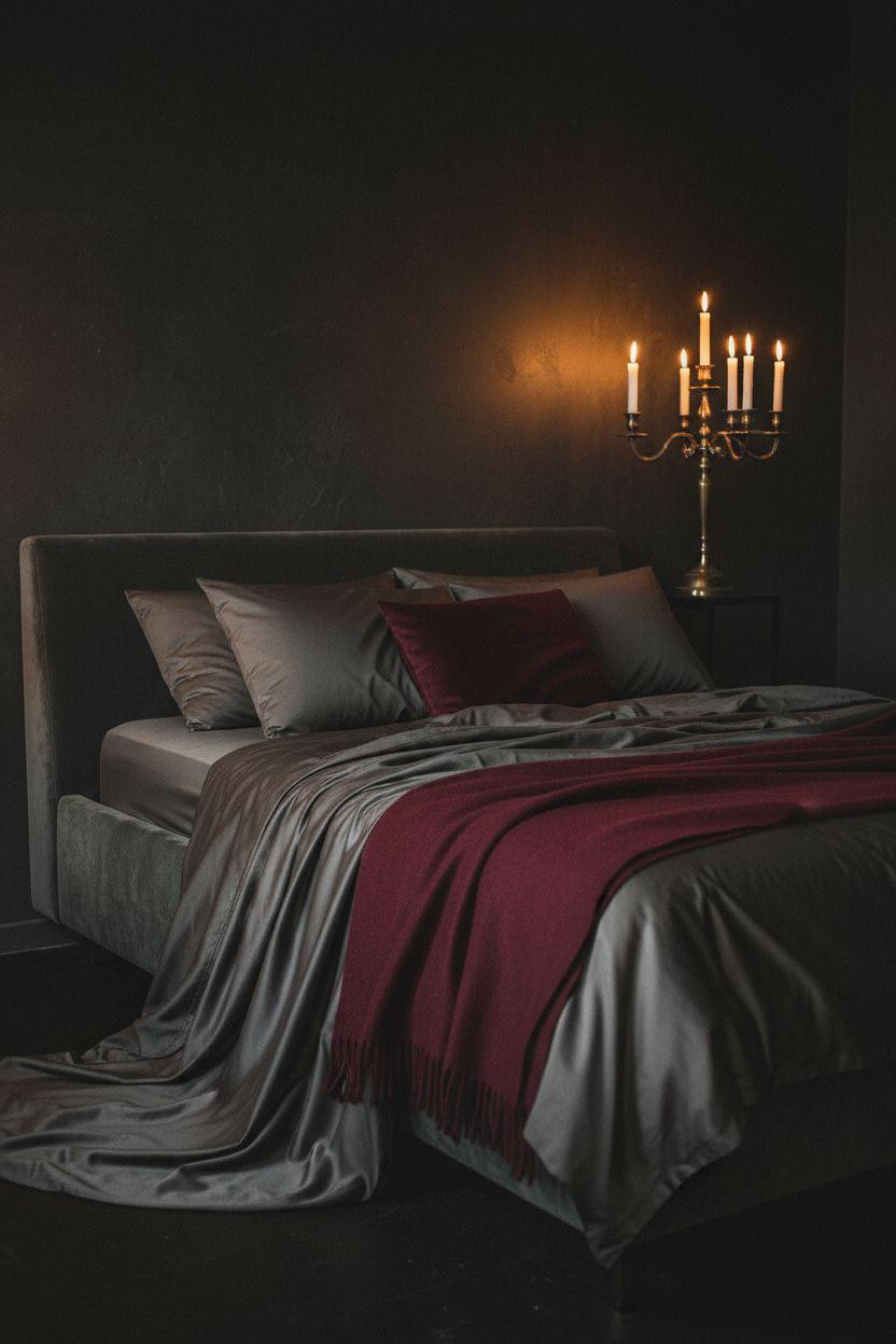 Dark feminine bedroom with sensual candlelight