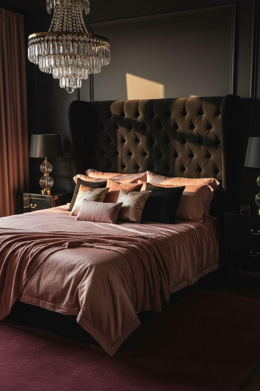 Dark feminine bedroom with black and pink contrast