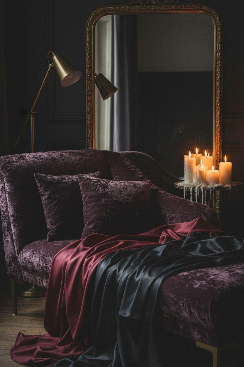 Dark feminine bedroom with boudoir chaise lounge