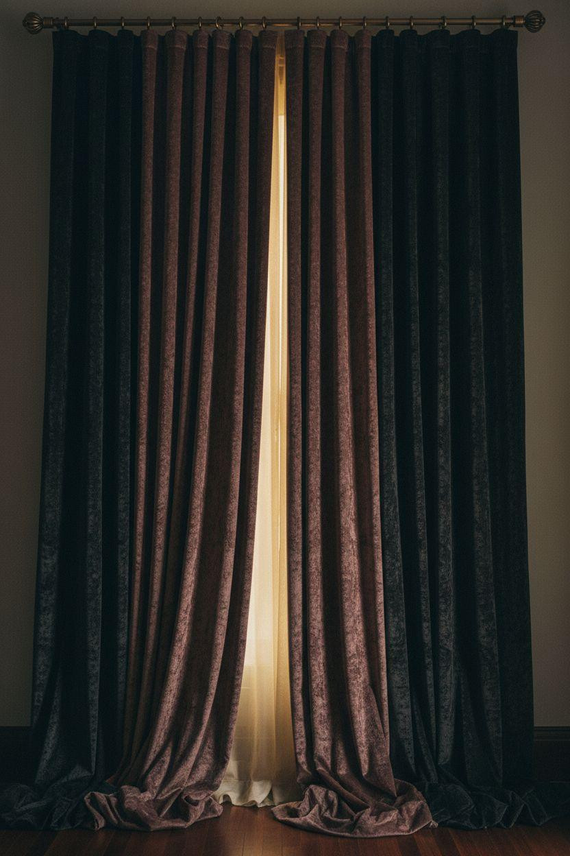 Dark feminine bedroom with theatrical curtains