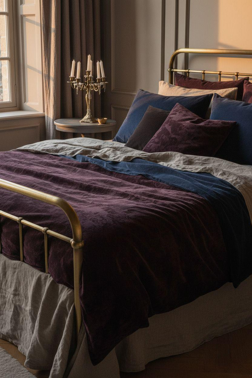 Dark feminine bedroom with luxurious velvet