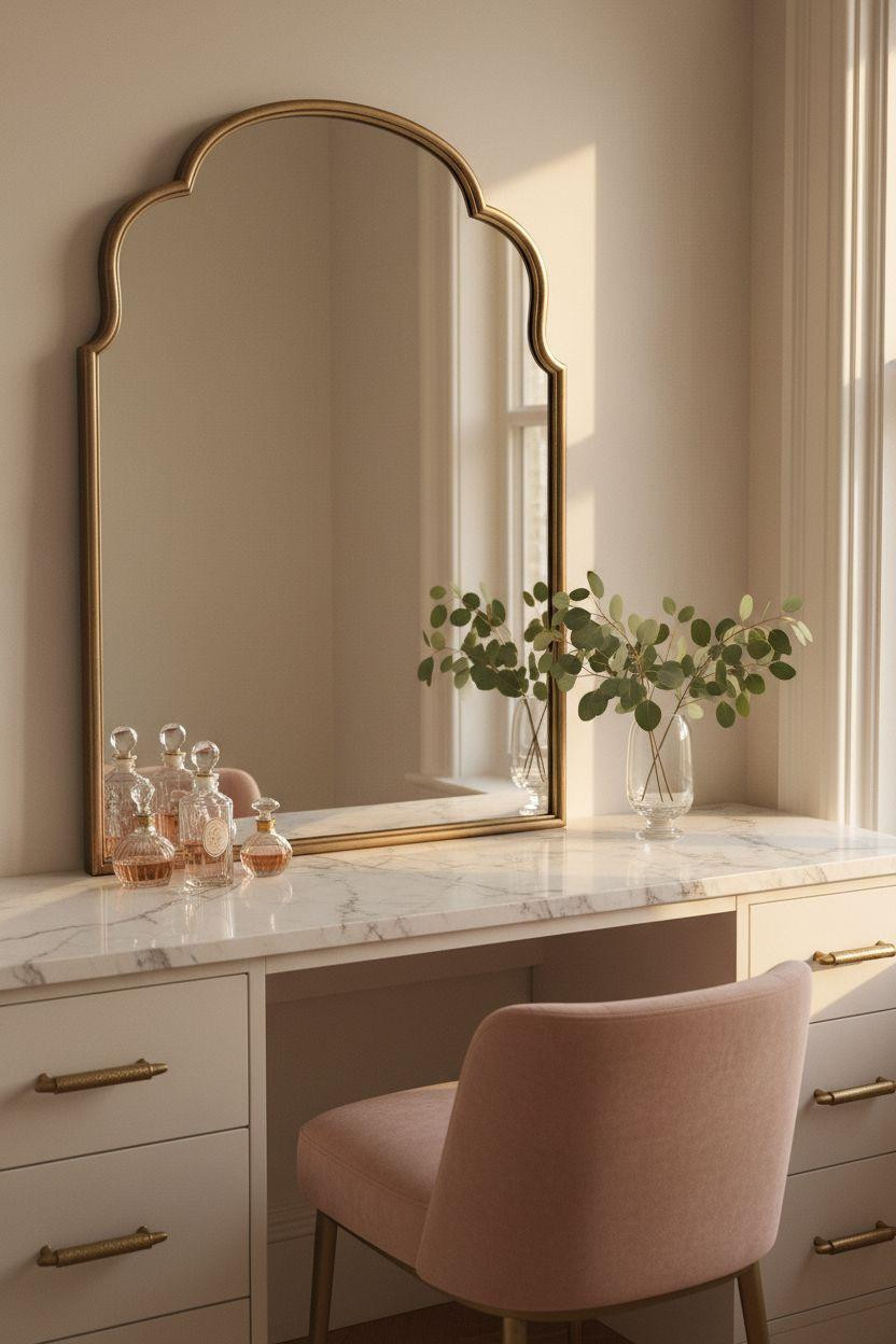 Vanity Ideas Bedroom - blush pink French vanity with curved mirror