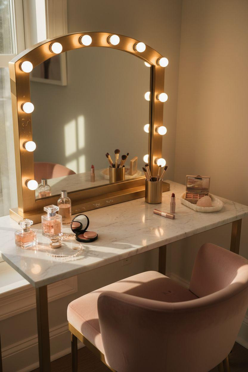 Vanity Ideas Bedroom - Hollywood makeup vanity with brass accents