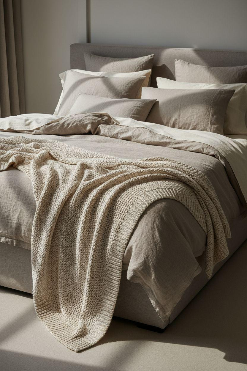 Neutral Bedroom Decor - luxurious neutral bedding styled on platform bed