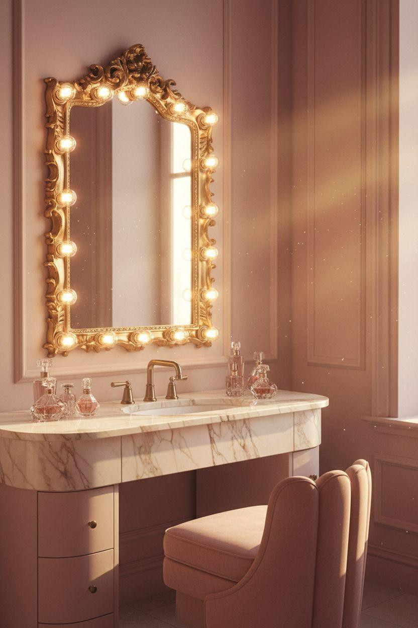 Vanity Ideas Bedroom - blush pink vanity room with Hollywood bulbs