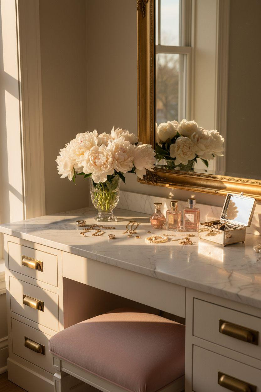 Vanity Ideas Bedroom - elegant marble vanity with gold mirror