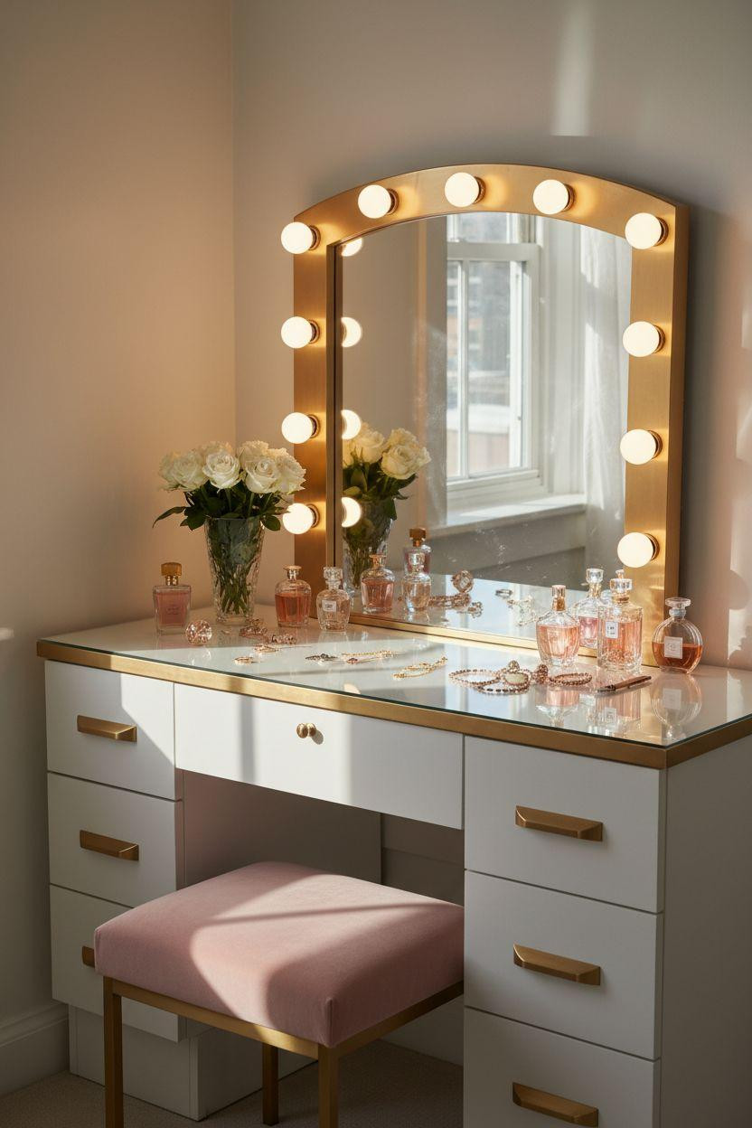 Vanity Ideas Bedroom - glossy white vanity with curved Hollywood mirror