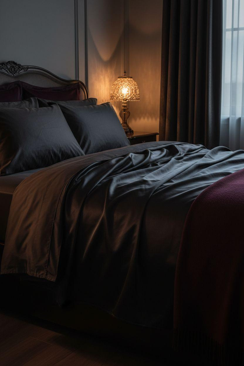 Dark feminine bedroom with black silk bedding