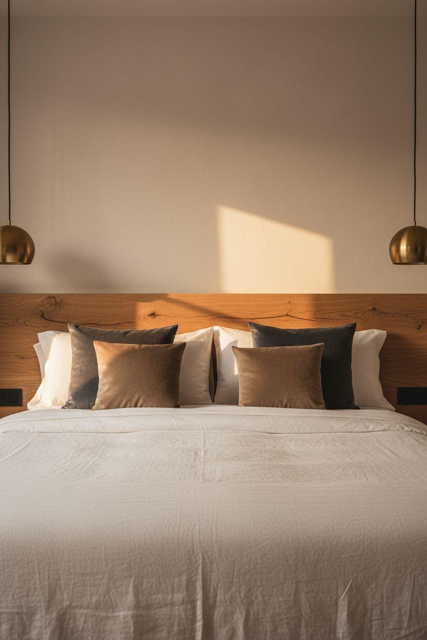 Boutique hotel bedroom Ideas - luxurious layered linens with architectural lighting