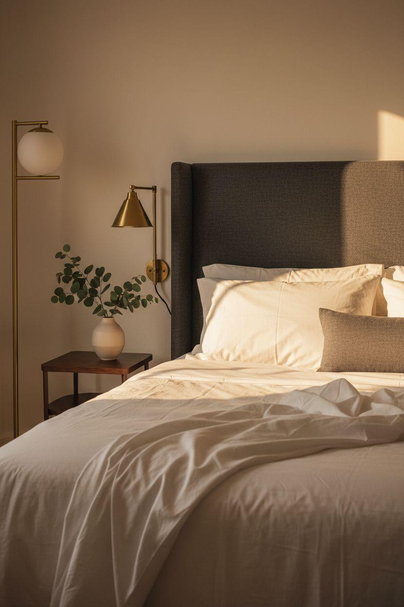 Boutique hotel bedroom Ideas - charcoal linen headboard with brass lighting