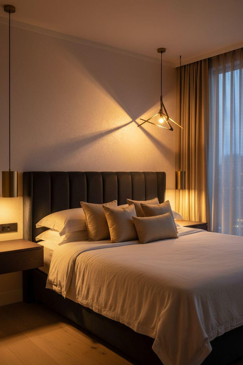 Boutique hotel bedroom Ideas - tufted velvet headboard with city views