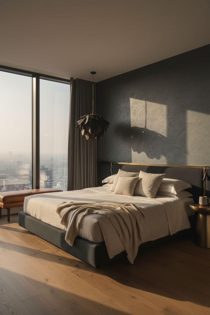 Boutique hotel bedroom Ideas - charcoal linen with urban skyline