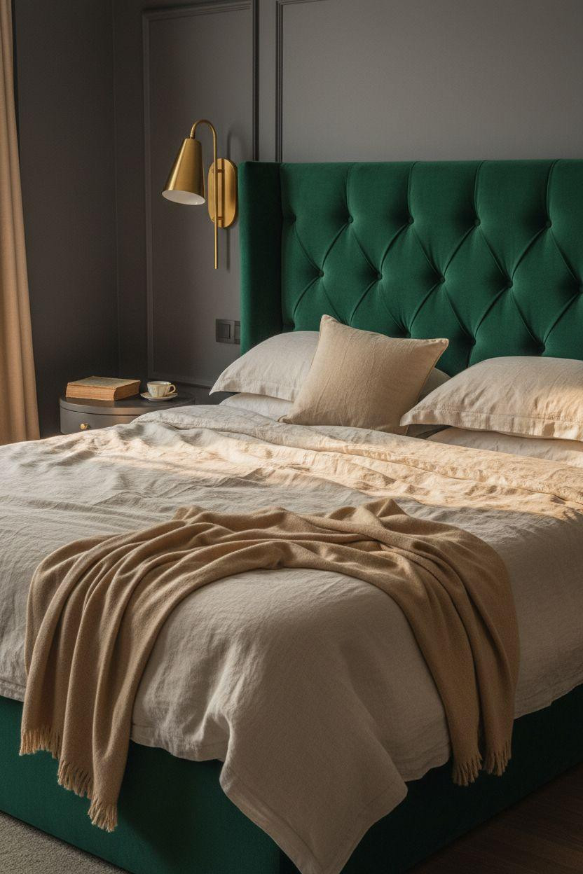 Boutique hotel bedroom Ideas - emerald velvet headboard with brass sconces
