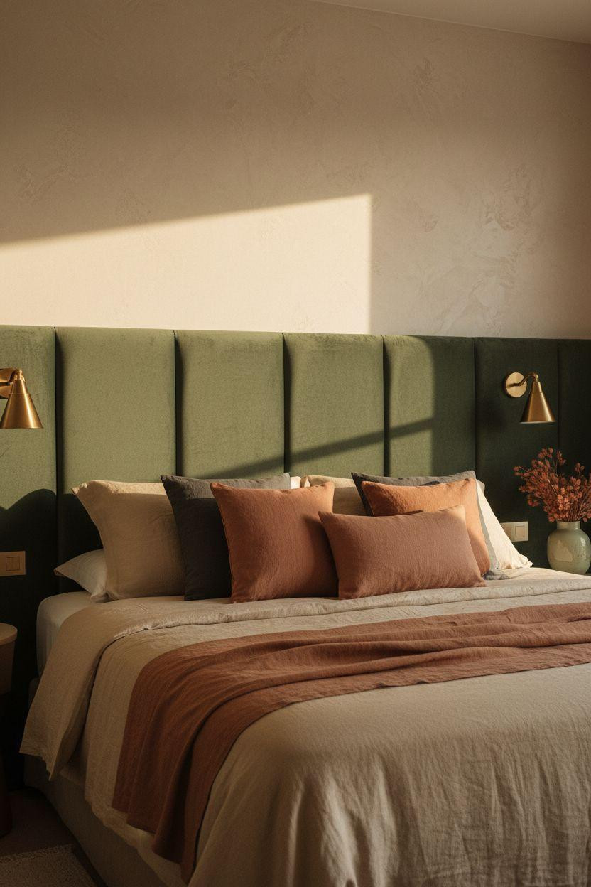Boutique hotel bedroom Ideas - sage green and champagne palette