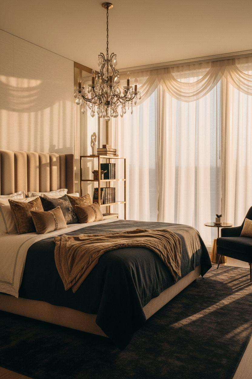 Boutique hotel bedroom Ideas - champagne velvet facing floor-to-ceiling windows