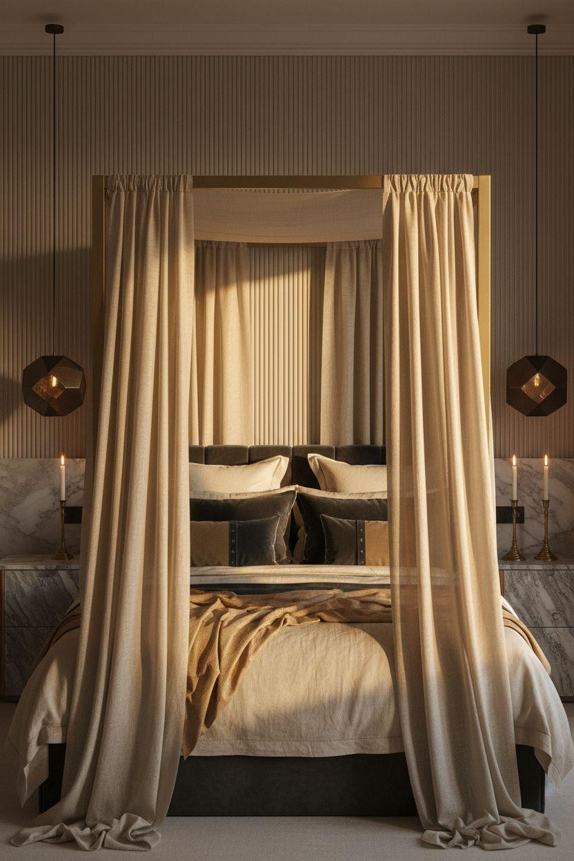 Boutique hotel bedroom Ideas - canopied king bed with silk drapes