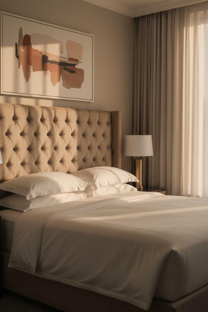 Boutique hotel bedroom Ideas - champagne velvet with button tufting