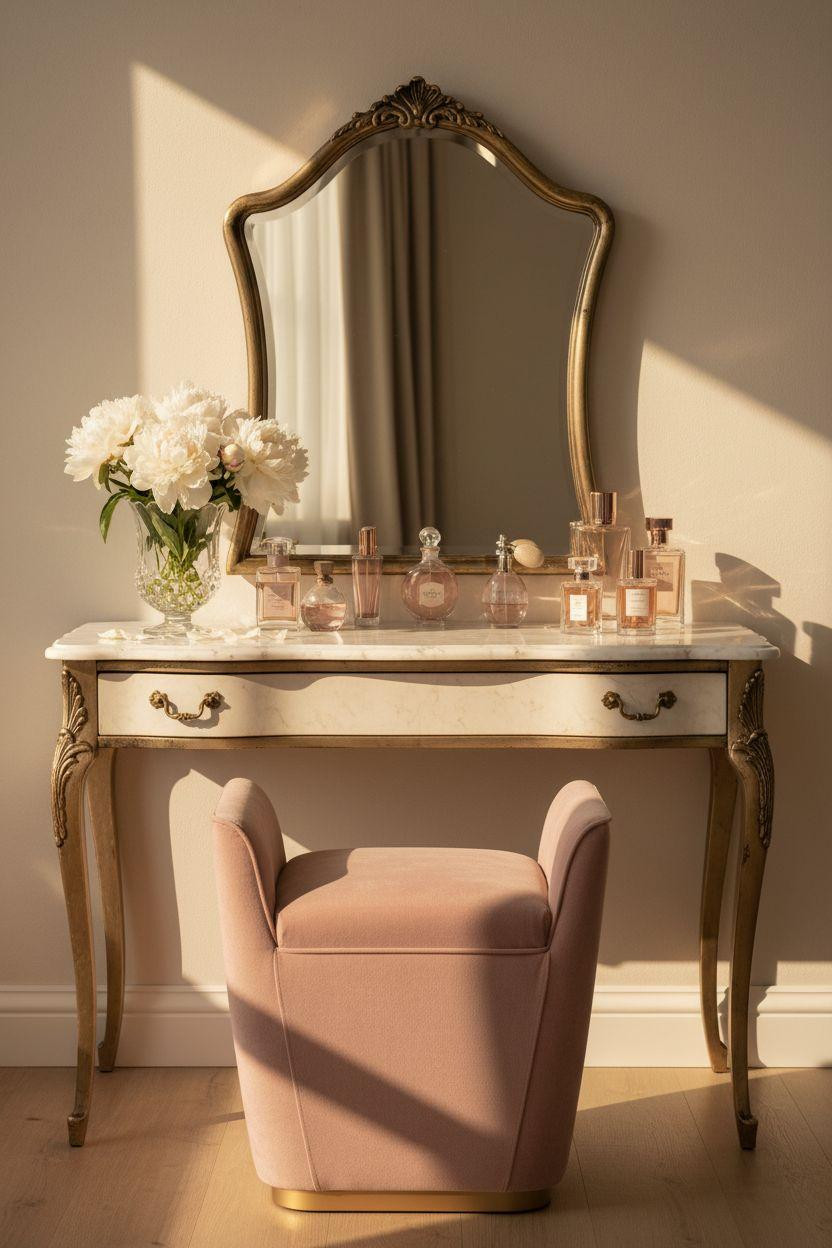 Vanity Ideas Bedroom - French-inspired glam vanity with vintage mirror