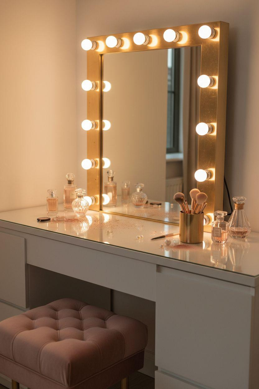 Vanity Ideas Bedroom - opulent Hollywood vanity with tufted velvet stool