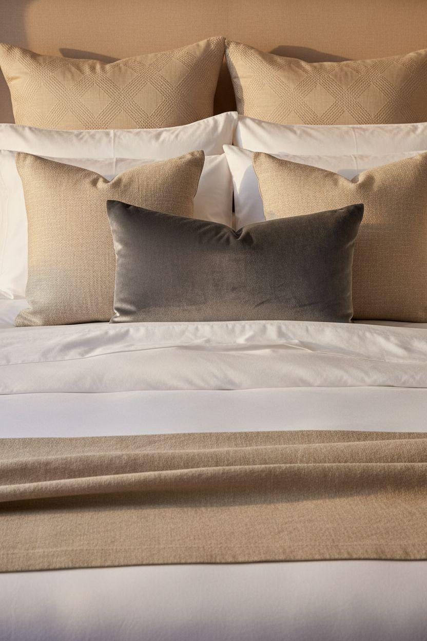 Boutique hotel bedroom Ideas - crisp white linens with velvet accents