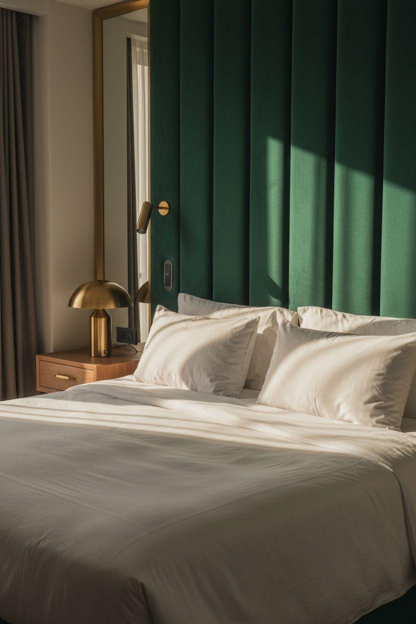 Boutique hotel bedroom Ideas - emerald velvet with floating nightstands