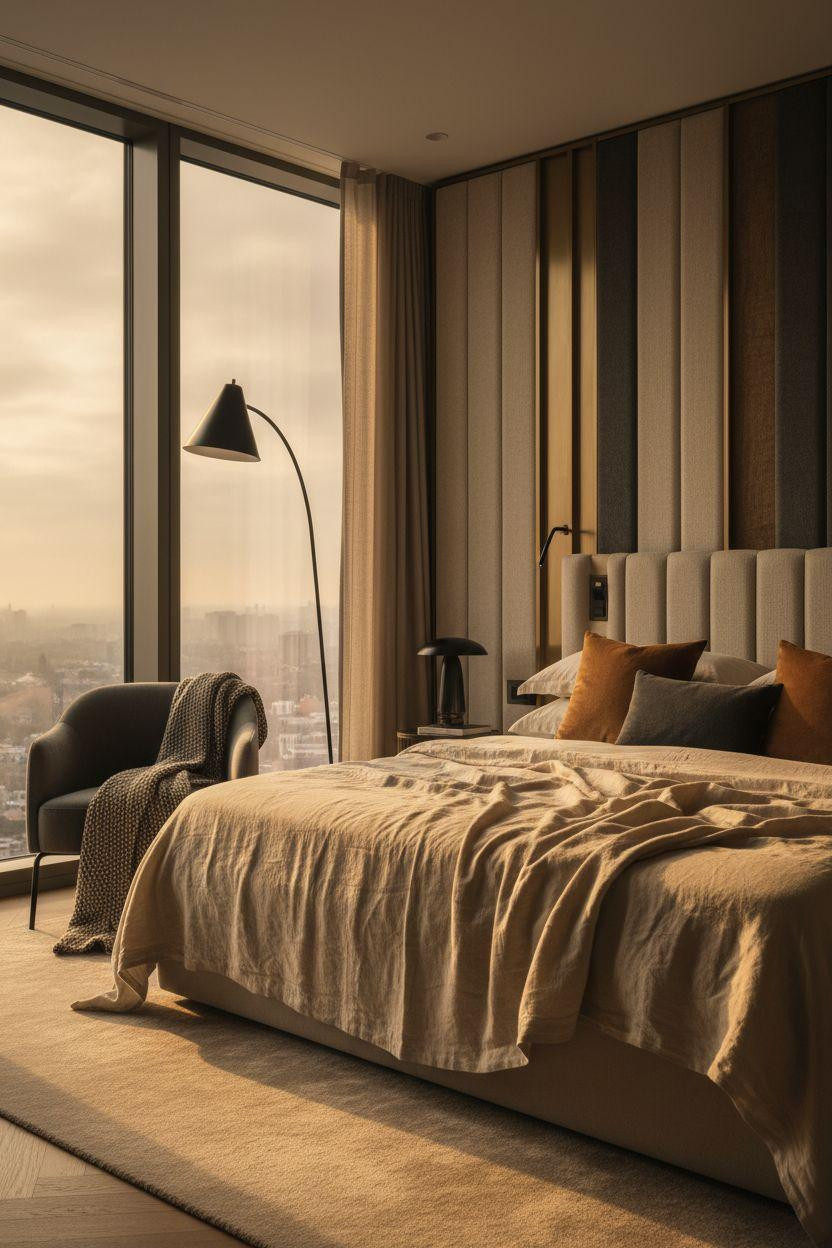 Boutique hotel bedroom Ideas - bouclé headboard with skyline view