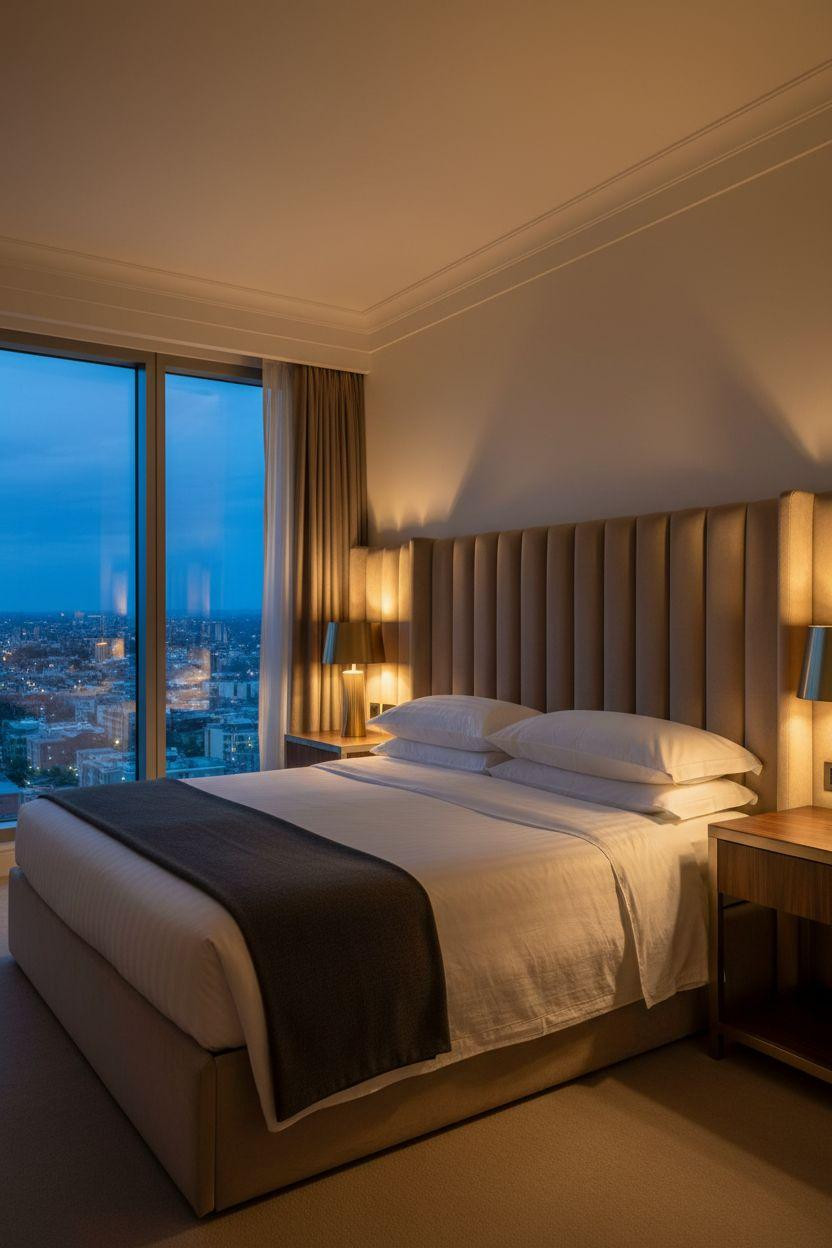 Boutique hotel bedroom Ideas - champagne velvet headboard with city lights