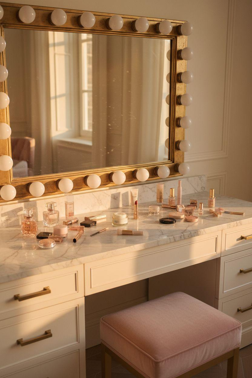 Vanity Ideas Bedroom - Carrara marble luxury vanity with gold Hollywood mirror