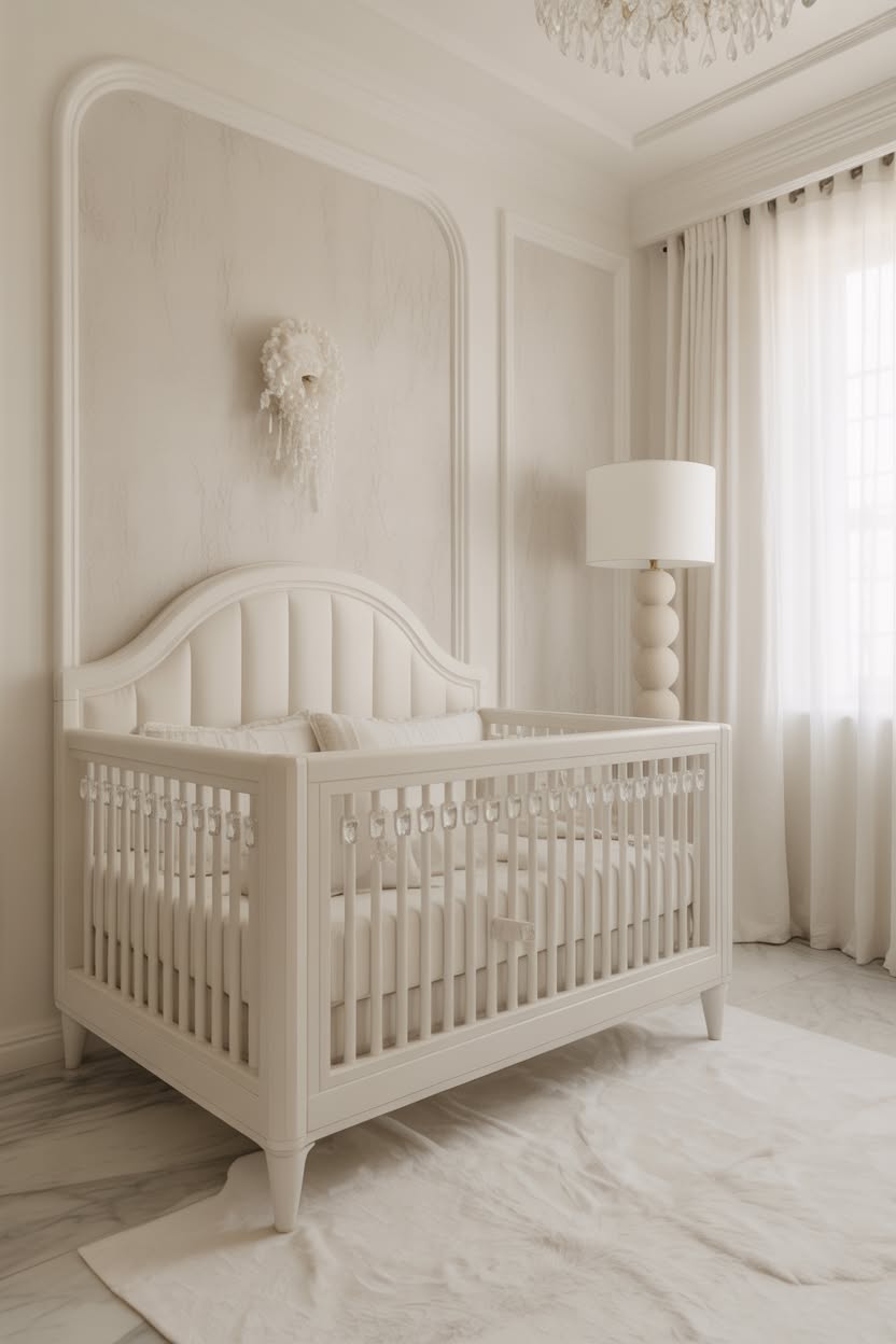 elegant white luxury baby nursery with channel tufted headboard panel crystal chandelier and classic crib