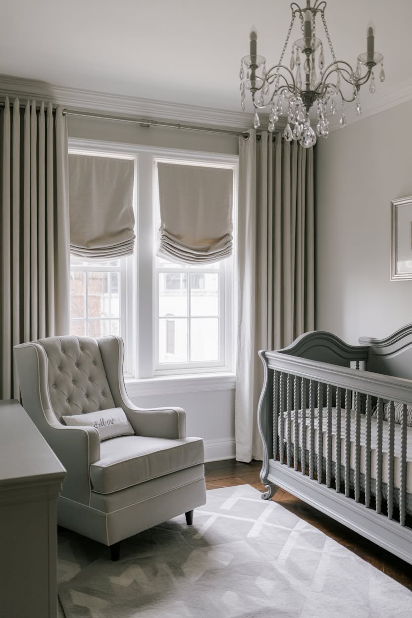 sophisticated nursery with sage green and cream painted crib vintage crystal chandelier and tufted wingback chair