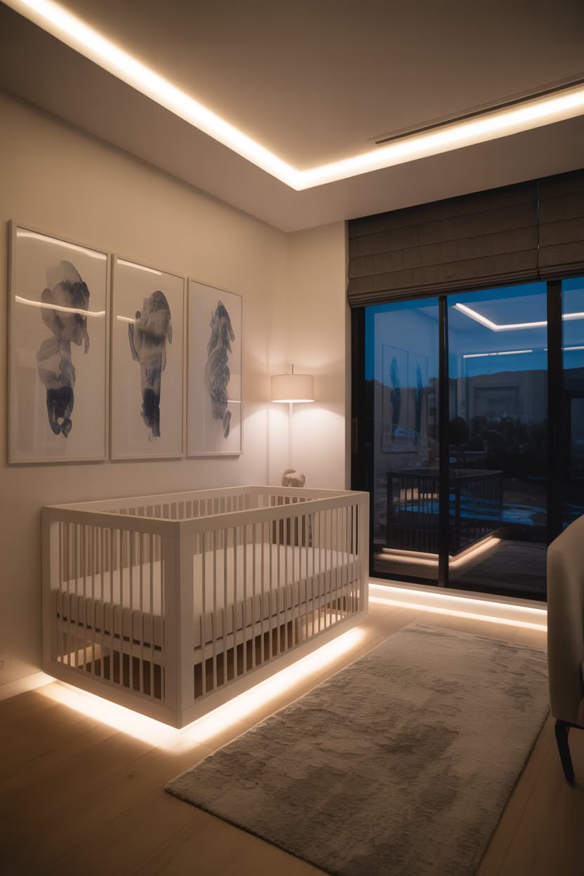 contemporary luxury baby nursery with floating crib LED perimeter lighting abstract artwork and city views