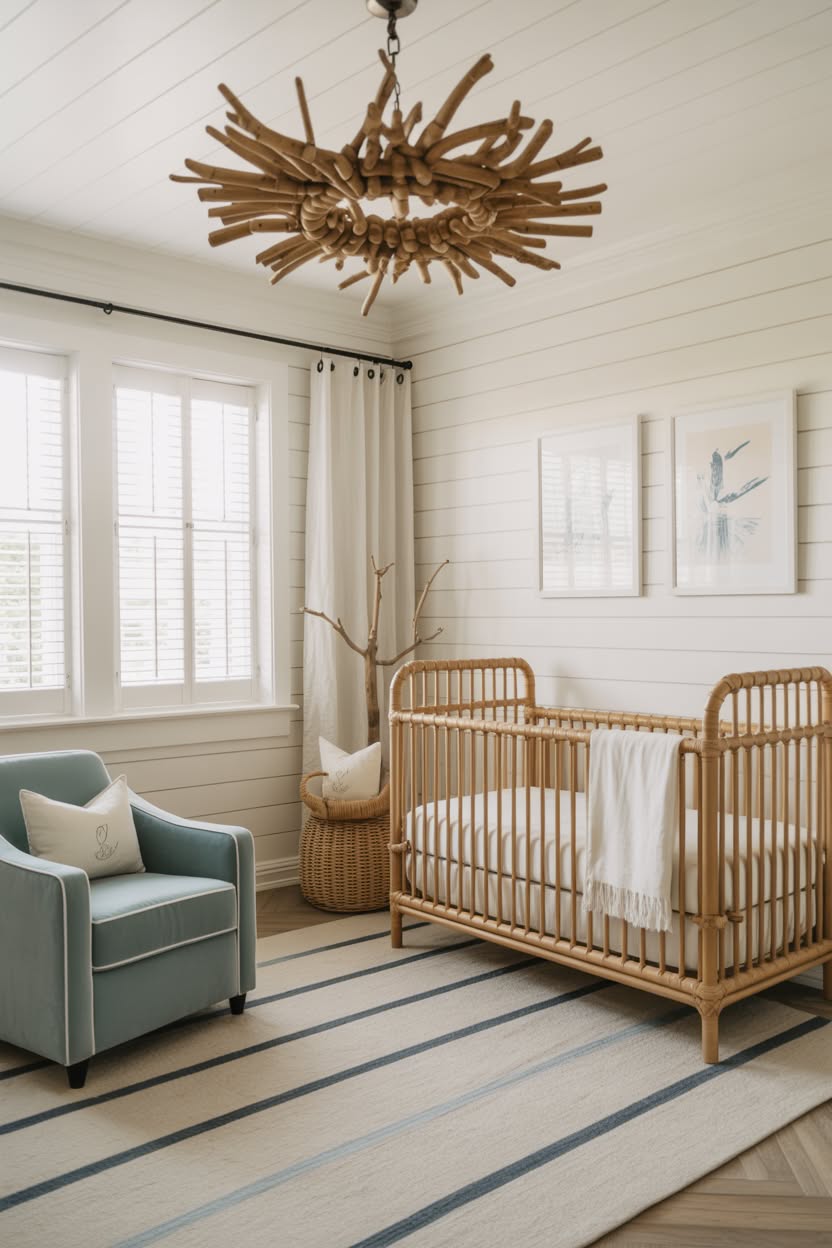 coastal luxury baby crib in natural rattan with driftwood chandelier shiplap walls and striped rug