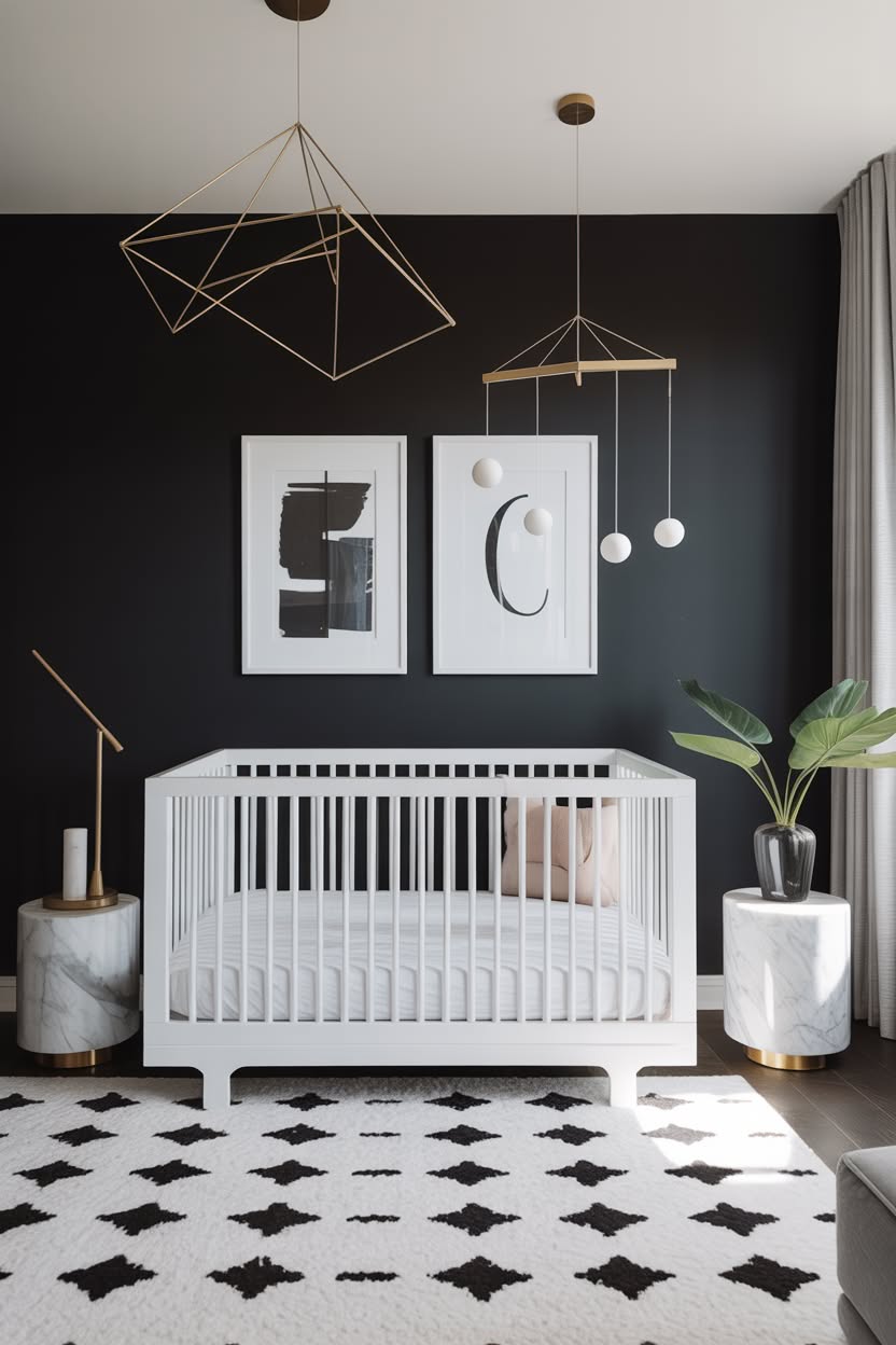 farmhouse sophisticated nursery with sage shiplap walls exposed beam ceiling white curved crib and iron chandelier