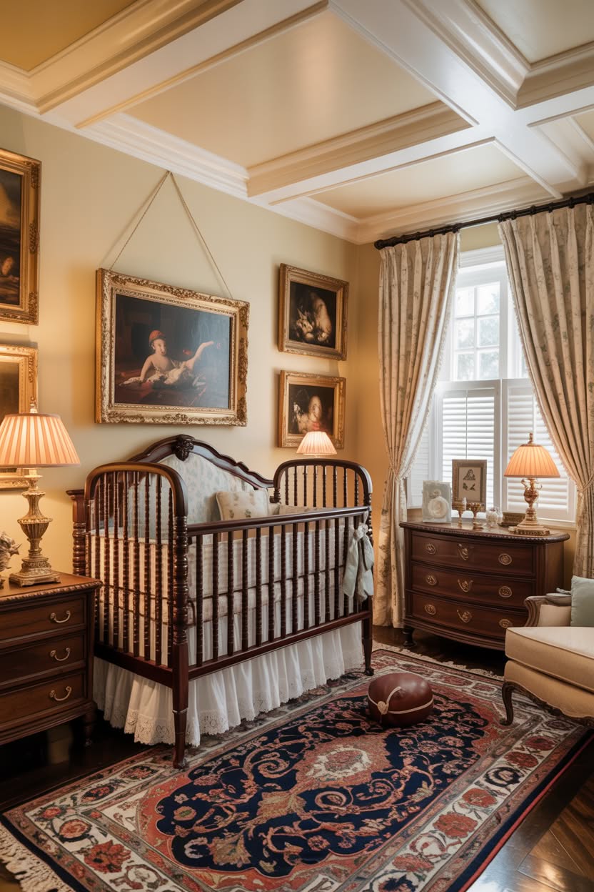 traditional royal nursery with ornate coffered ceiling antique portraits mahogany crib and oriental rug