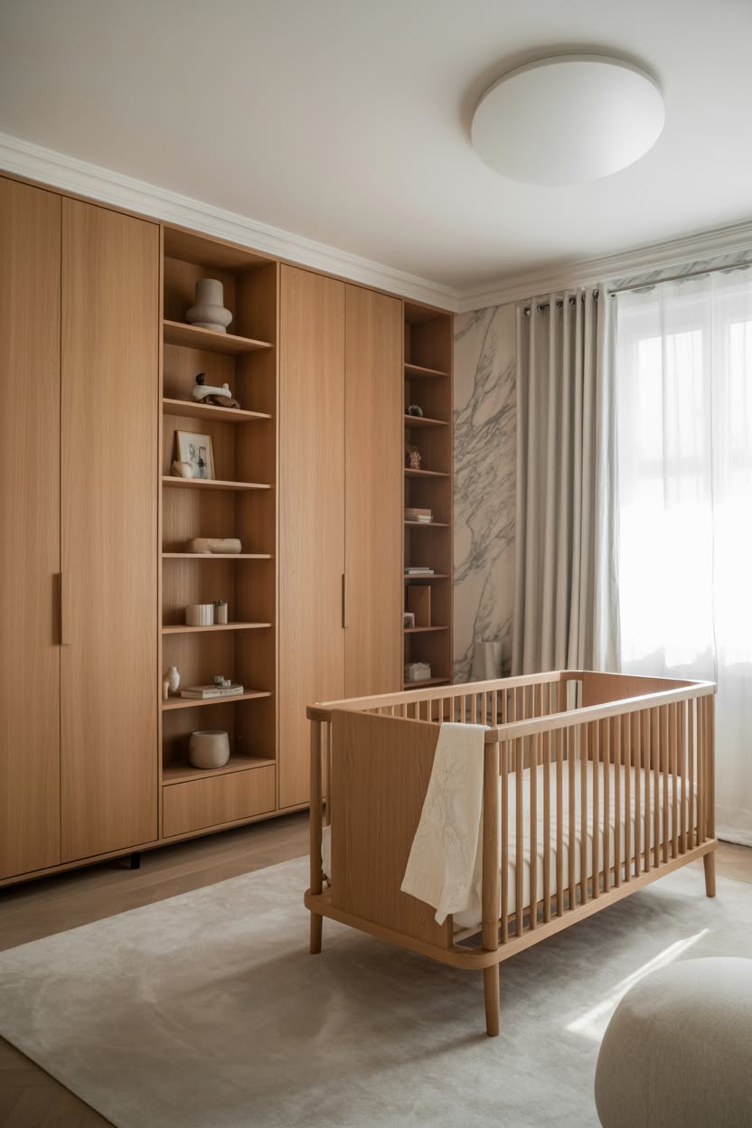 scandinavian modern baby room with natural oak furniture built-in shelving marble accent and simple flush mount light