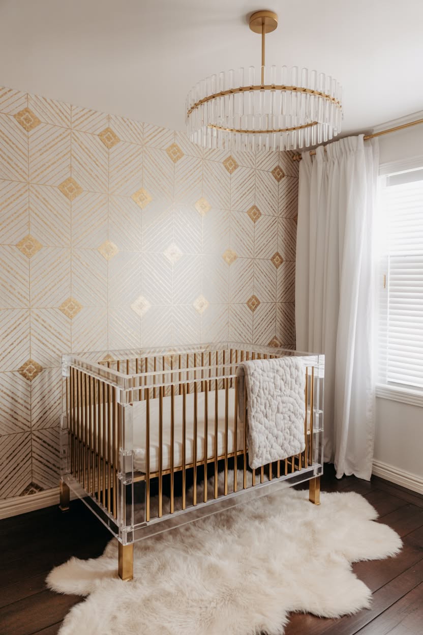 glamorous luxury baby crib with acrylic sides gold legs geometric wallpaper and crystal chandelier