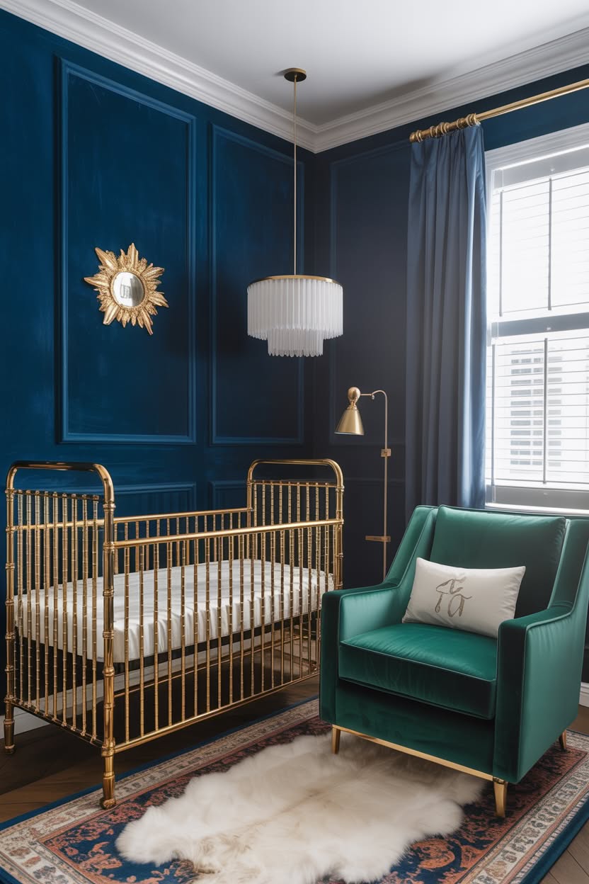 elegant baby nursery with navy paneled walls brass crib emerald velvet chair and sunburst mirror