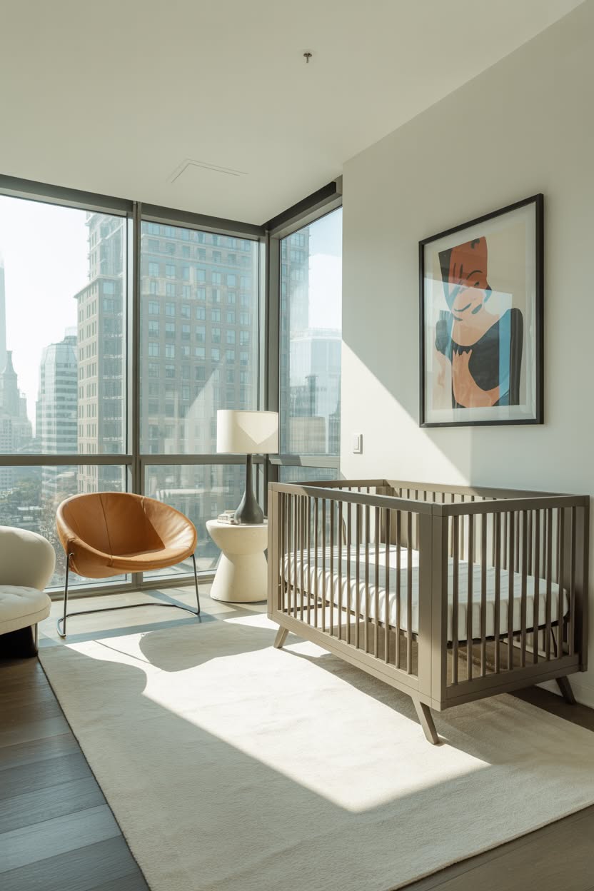 modern luxury baby nursery with floor-to-ceiling windows contemporary art natural wood crib and sculptural chair